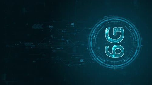 Blue digital 6G letter and circle futuristic HUD elements with flowing arrows