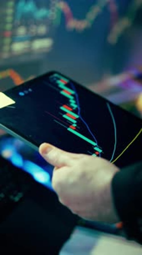 Cryptocurrency technical analysis tablet screen candlestick chart