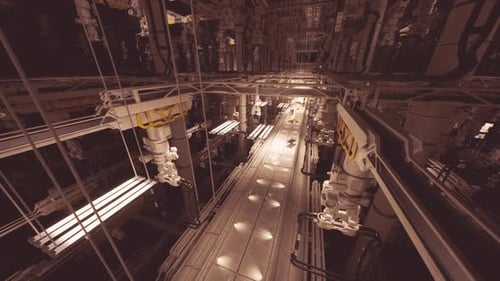 High Tech Industrial Facility with Robotic Arms Operating at Night