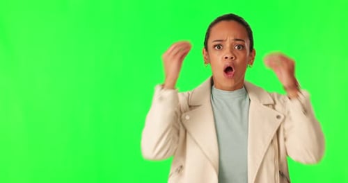 Green screen, woman and face with mind blown hands in studio for omg, news