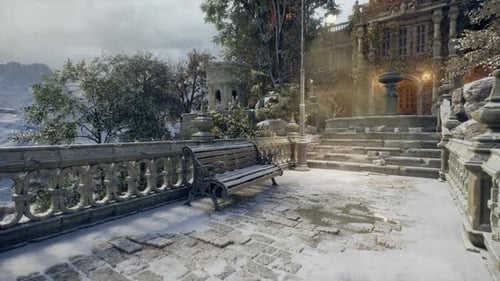 Serene Winter Landscape Featuring Benches and Snow Covered Steps of a Palace