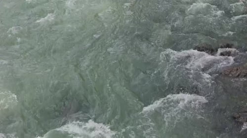 Strong current flowing in shallow river with greenish water. Tilting shot.