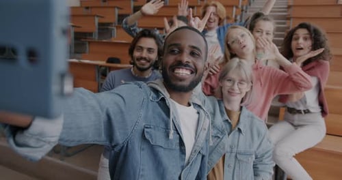 Slow Motion of Young People University Students Taking Selfie Posing for Smartphone Camera Having