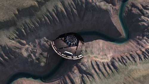 Futuristic Spacecraft Flying Over Arid Canyon Landscape