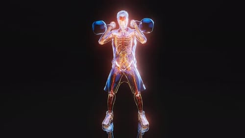 Animación 3D conceptual de un hombre haciendo sentadillas con pesas rusas