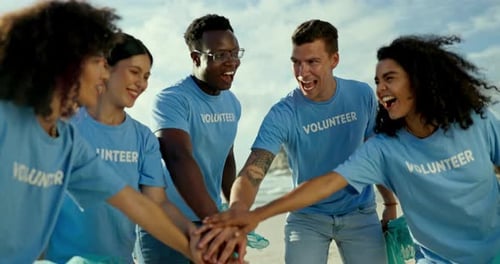 People, celebrate and trash bag on beach to volunteer for cleanup of plastic pollution on shore to