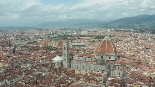 aerial drone view of florence city, Italy. from a distance you can see the Cathedral of Florence