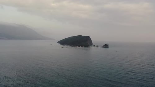 Aerial View Saint Nikola Island in the Sea Near Budva Cloudy Weather