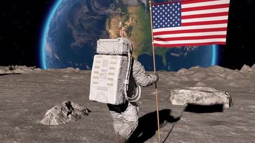 Astronaut Plants American Flag on Moon with Earth View 3D Animation