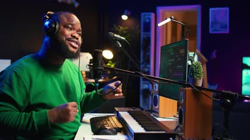 Confident Artist Singer Performing a Song on Microphone in Home Studio