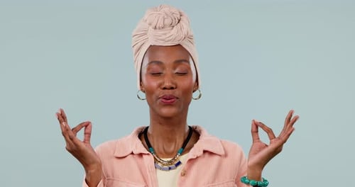 Lotus, meditation and black woman, yoga and wellness with mindfulness and zen isolated on blue