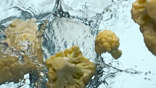 Stücke Blumenkohl Fallwasser auf weißem Hintergrund Nahaufnahme