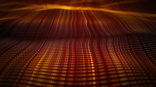 Ondas doradas abstractas hechas de líneas rayadas de partículas con un efecto de brillo brillante