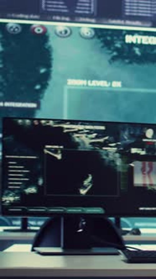 Vertical Video Empty Military Operation Room Headquarters with a Big Screen and Desks