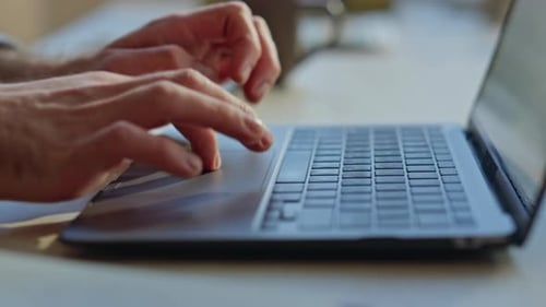 Man Hands Typing Keyboard Laptop Computer in Office Closeup Man Fingers Working