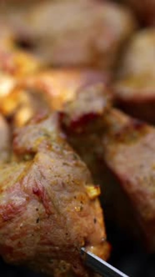 Barbecue cooking. Meat roasts on fire. Tasty pork on skewers on grill. Kebab.