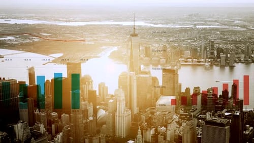 Aerial View of Cityscape with Data Graphics Overlay