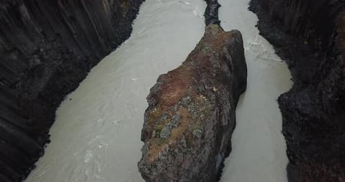 River Islet and Volcanic Canyon in Highlands of Iceland, Unique Landscape and Nature Aerial, Ascendi