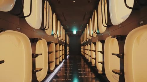 De nombreuses capsules et lits à l'intérieur d'une auberge capsule et d'un hôtel à Tokyo mettent en valeur le caractère moderne, compact,