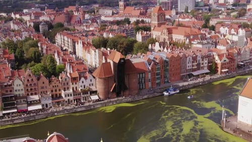 Historic crane in old town of Gdansk City old . Aerial view.