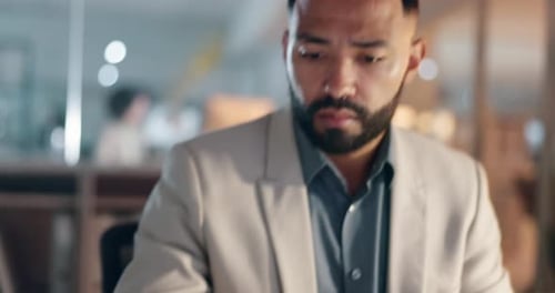 Office, tablet and business man at night online for website, research project and email on internet