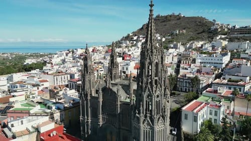 erial Perspective of the Neo-Gothic Monument of Arucas, Gran Canaria: Church of San Juan Bautista.