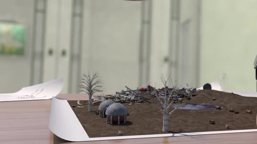 Animación 3D de una mano jugando con un boceto de un edificio