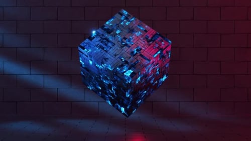 Floating glowing cube with abstract geometric neon light