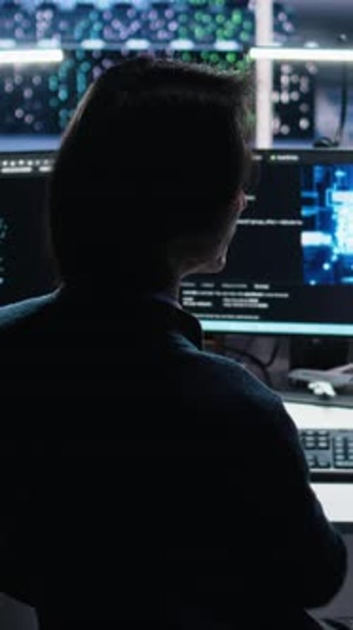 Vertical Video Data Center System Administrator Working on Artificial Intelligence Neural Network