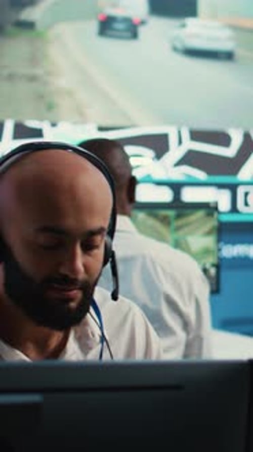 Vertical Video Woman Call Center Operator Transmitting Directions Through Traffic