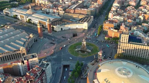 Aerial view of Barcelona City Skyline at sunrise. Plaça d'Espanya (Plaza España)