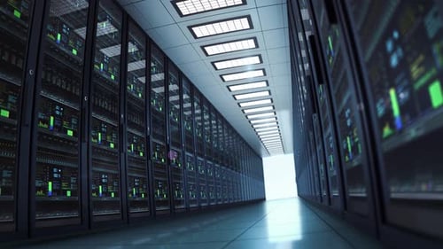 Futuristic Server Room Walkthrough with Digital Data Displays