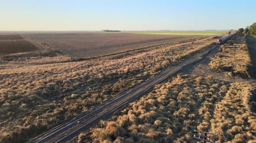 Un train ferroviaire logistique traverse la vaste plaine ouverte de La Pampa, en Argentine, transportant des produits agricoles