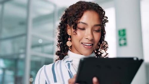 Tablet, research and smile with business woman in office for publishing agency