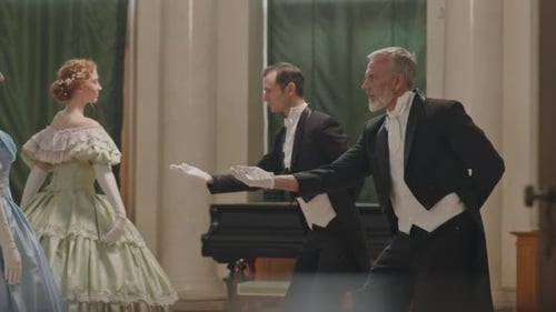 Elegant Group Poised for Dance in Historical Setting