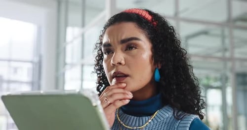 Design, tablet and thinking with business woman in office for creative process or web development