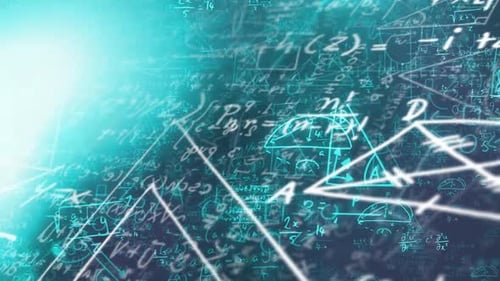 Animación de ecuaciones matemáticas flotantes sobre fondo oscuro