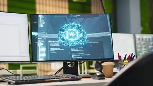PC im leeren IT-Startup-Büro mit Code für künstliche Intelligenz