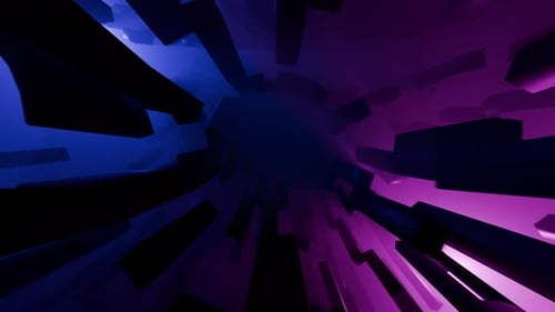 Fondo cinematográfico de ciencia ficción con formas 3D que se mueven en una niebla con luces rosas y azules