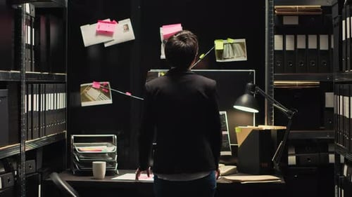 Woman Investigates Crime Scene in Office