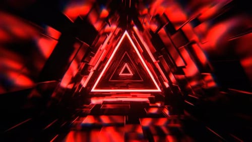 VJ Loop in 4K mit rotem Infinite-Dreieck im Sci-Fi-Glitch-Tunnel-Hintergrund