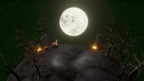 Animated Halloween Graveyard Scene with Pumpkins and Full Moon