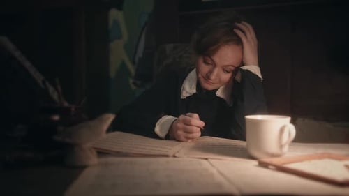 Woman Composing Music at Desk in Dim Light