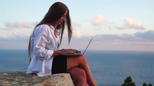 Woman Laptop Sea Working Remotely on Seashore Happy Successful Woman Female Freelancer Working on