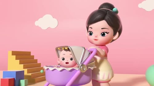 3D animation pushing a baby cart