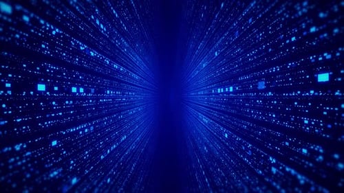 Blaues digitales Weltraum-Sci-Fi-Tunnel-Metaversum mit leuchtenden Partikeln, gewelltes Hologramm, HUD, 3d