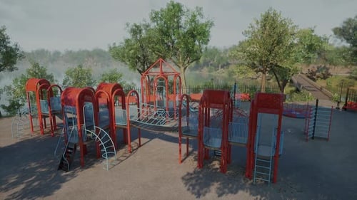 Brightly Colored Playground Structure in a Lush Park Setting During Daylight