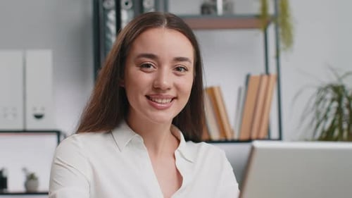 Closeup Businesswoman Freelancer at Office Workplace Works on Laptop Computer Sends Online Messages