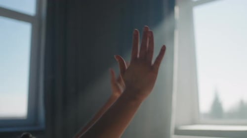Stretching Workout Of Young Lady At Home Closeup View Of Palms Stretching Up And Lying On Legs