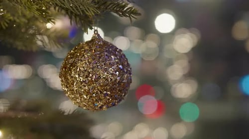 Decorated Christmas Tree Over Blurred Night City Lights at the Celebration Party